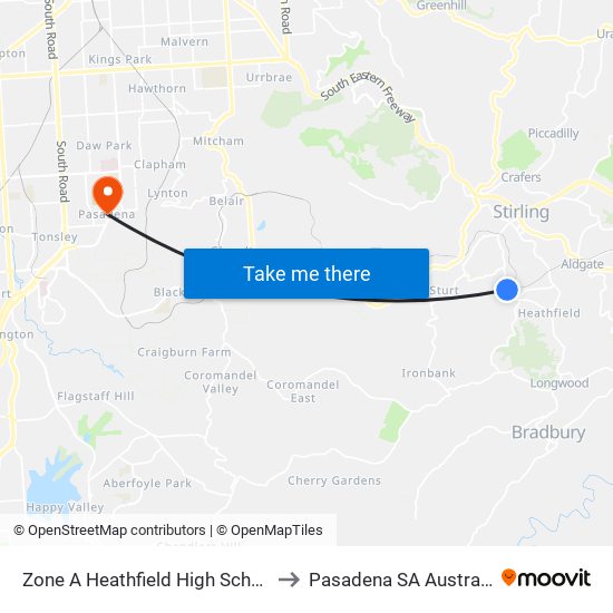 Zone A Heathfield High School to Pasadena SA Australia map