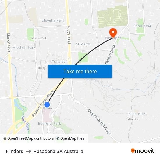 Flinders to Pasadena SA Australia map