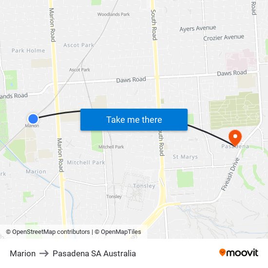 Marion to Pasadena SA Australia map