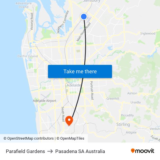 Parafield Gardens to Pasadena SA Australia map