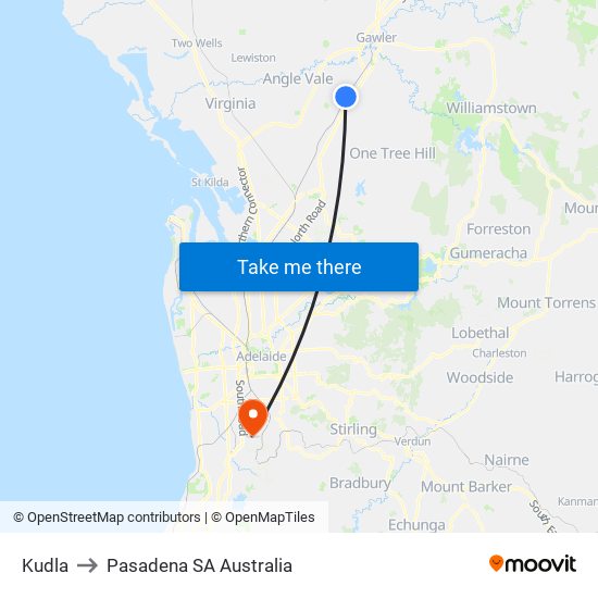 Kudla to Pasadena SA Australia map