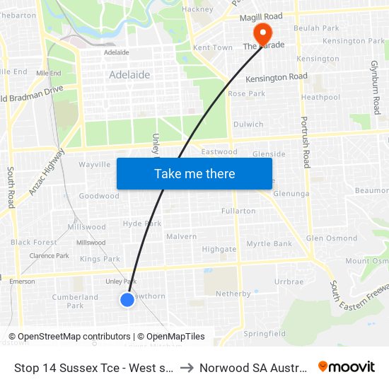 Stop 14 Sussex Tce - West side to Norwood SA Australia map