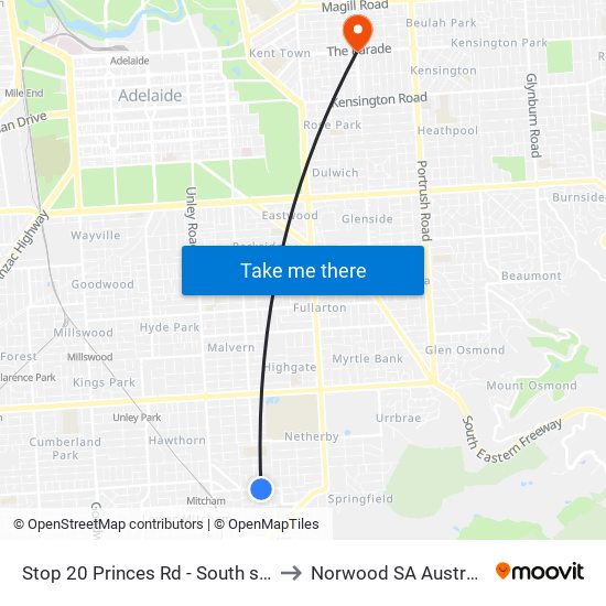 Stop 20 Princes Rd - South side to Norwood SA Australia map