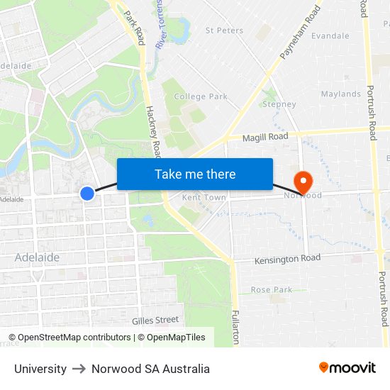 University to Norwood SA Australia map