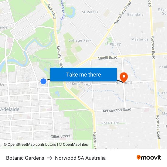 Botanic Gardens to Norwood SA Australia map