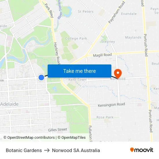 Botanic Gardens to Norwood SA Australia map