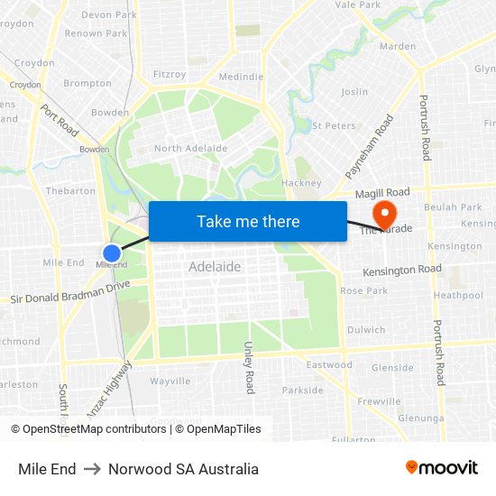 Mile End to Norwood SA Australia map