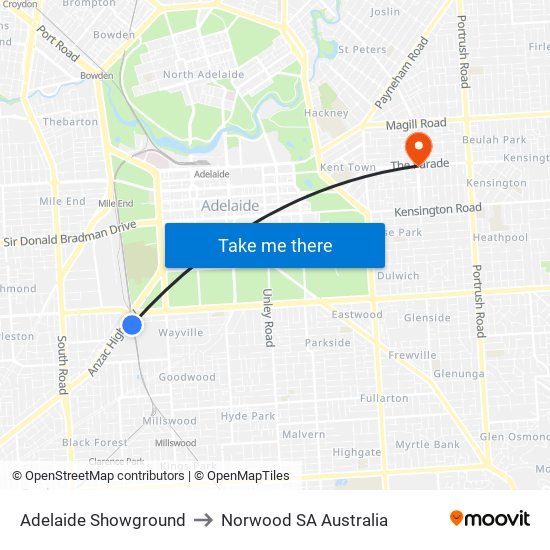 Adelaide Showground to Norwood SA Australia map