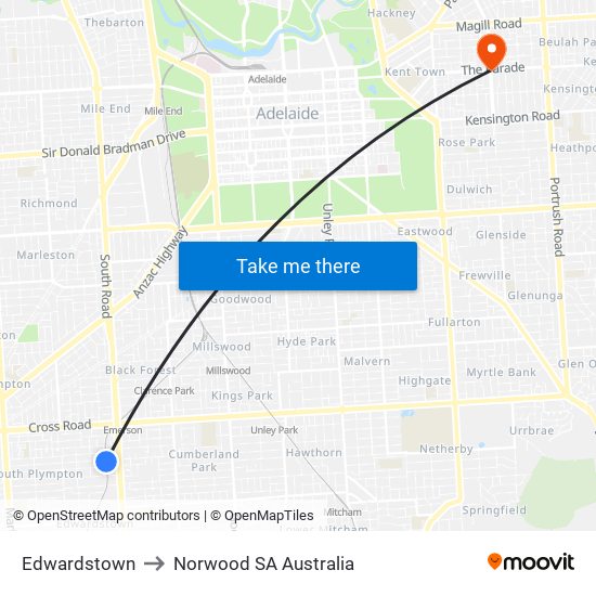 Edwardstown to Norwood SA Australia map