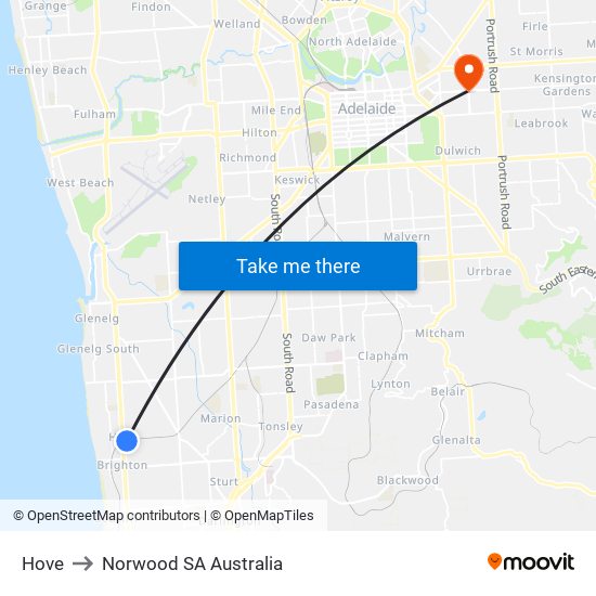 Hove to Norwood SA Australia map