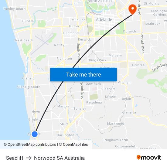 Seacliff to Norwood SA Australia map