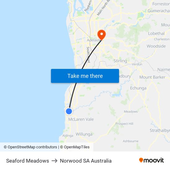 Seaford Meadows to Norwood SA Australia map