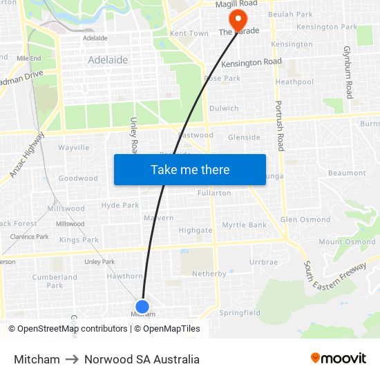 Mitcham to Norwood SA Australia map