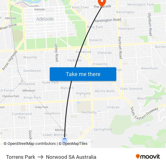 Torrens Park to Norwood SA Australia map