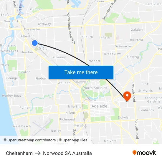 Cheltenham to Norwood SA Australia map