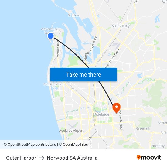 Outer Harbor to Norwood SA Australia map