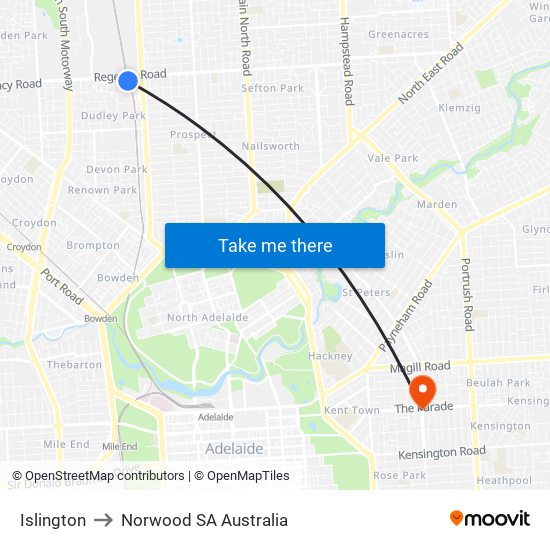 Islington to Norwood SA Australia map