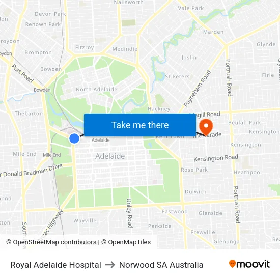 Royal Adelaide Hospital to Norwood SA Australia map
