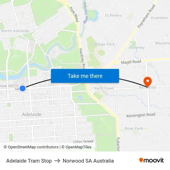 Adelaide Tram Stop to Norwood SA Australia map