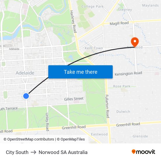 City South to Norwood SA Australia map