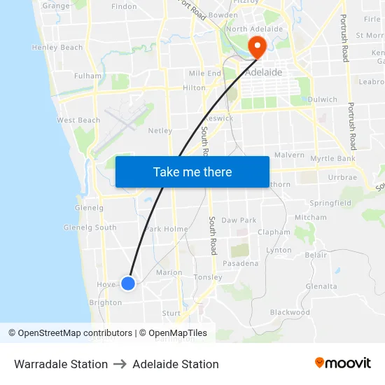 Warradale Station to Adelaide Station map