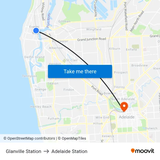 Glanville Station to Adelaide Station map