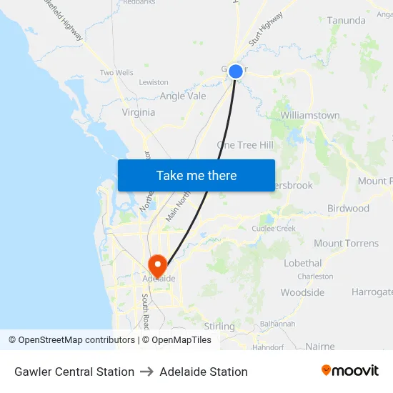 Gawler Central Station to Adelaide Station map
