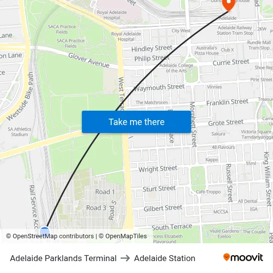 Adelaide Parklands Terminal to Adelaide Station map