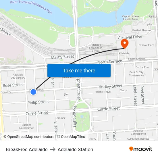 BreakFree Adelaide to Adelaide Station map