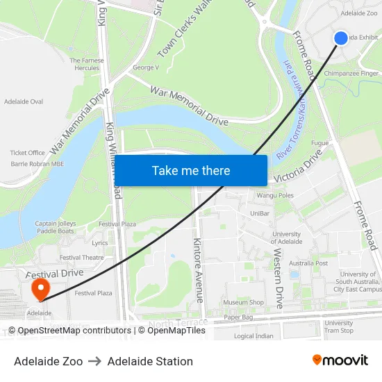 Adelaide Zoo to Adelaide Station map