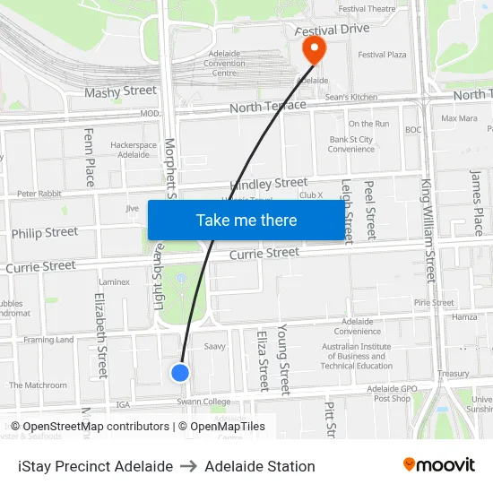 iStay Precinct Adelaide to Adelaide Station map