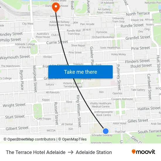 The Terrace Hotel Adelaide to Adelaide Station map