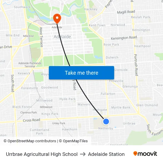 Urrbrae Agricultural High School to Adelaide Station map