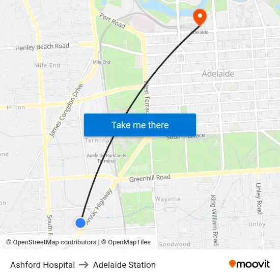 Ashford Hospital to Adelaide Station map