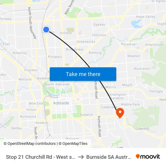 Stop 21 Churchill Rd - West side to Burnside SA Australia map