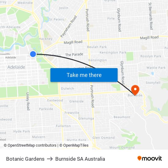 Botanic Gardens to Burnside SA Australia map