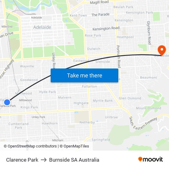 Clarence Park to Burnside SA Australia map