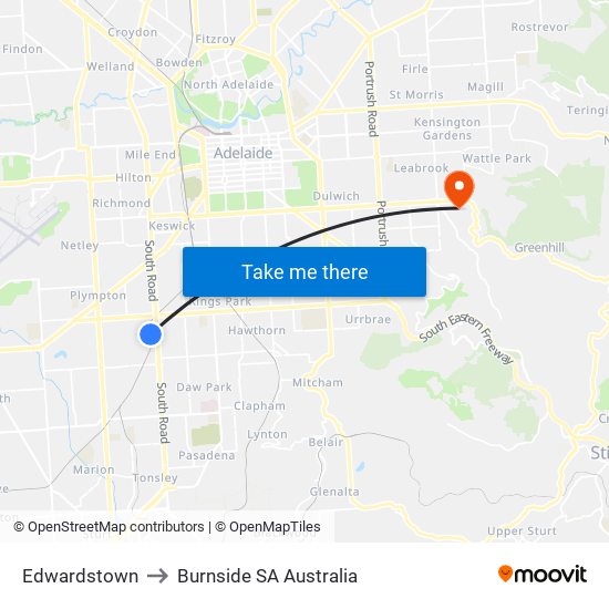 Edwardstown to Burnside SA Australia map