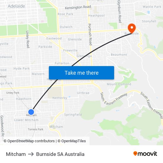 Mitcham to Burnside SA Australia map