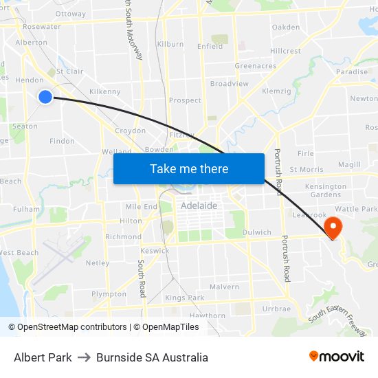 Albert Park to Burnside SA Australia map