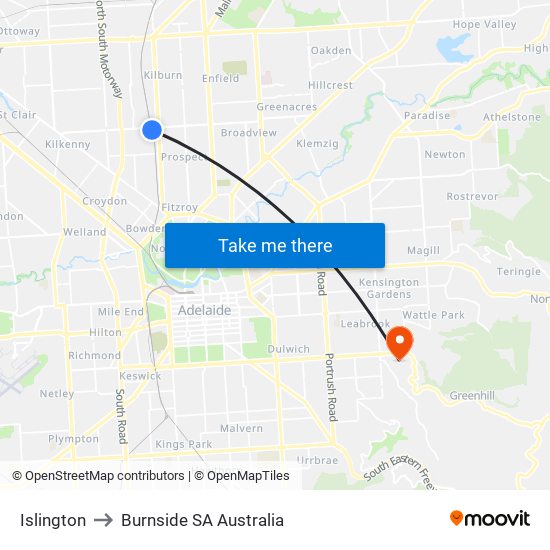 Islington to Burnside SA Australia map