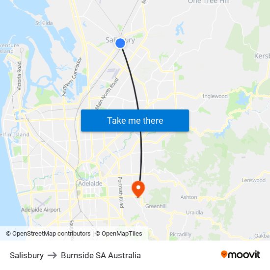 Salisbury to Burnside SA Australia map