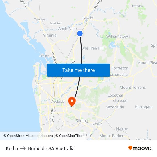 Kudla to Burnside SA Australia map