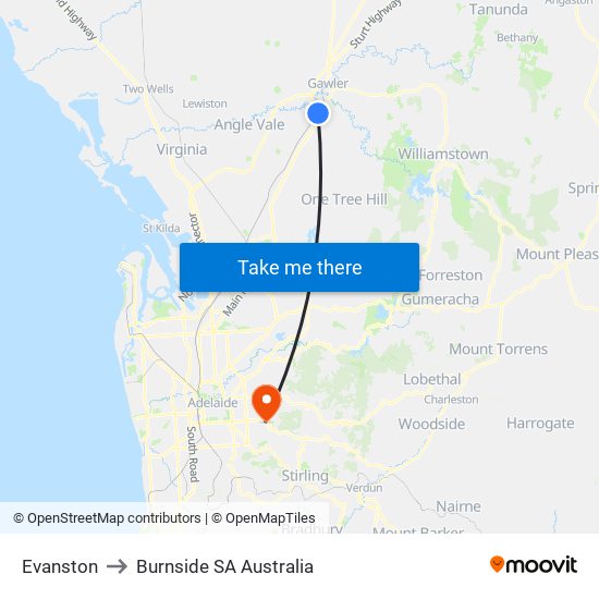 Evanston to Burnside SA Australia map