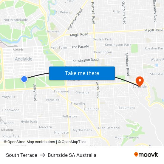 South Terrace to Burnside SA Australia map