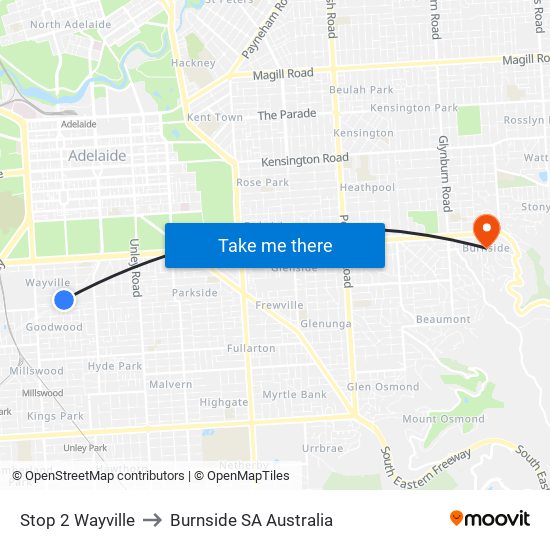 Stop 2 Wayville to Burnside SA Australia map