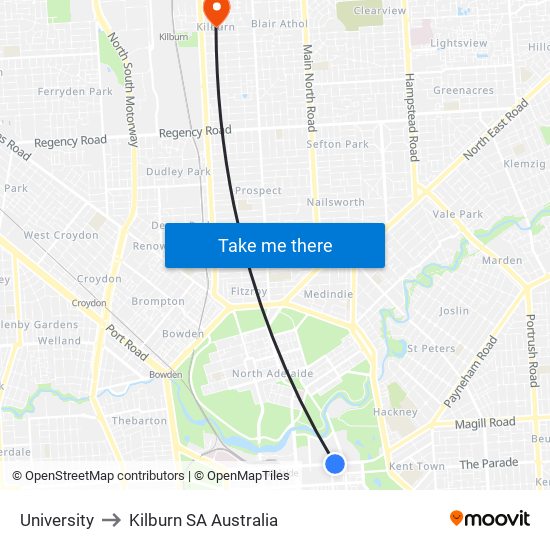 University to Kilburn SA Australia map