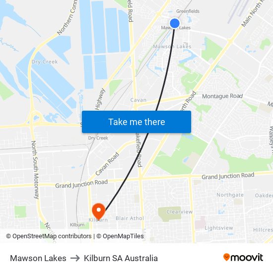 Mawson Lakes to Kilburn SA Australia map