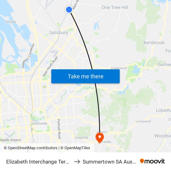 Elizabeth Interchange Terminus to Summertown SA Australia map