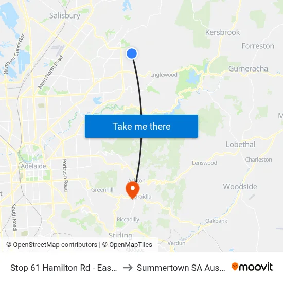 Stop 61 Hamilton Rd - East side to Summertown SA Australia map